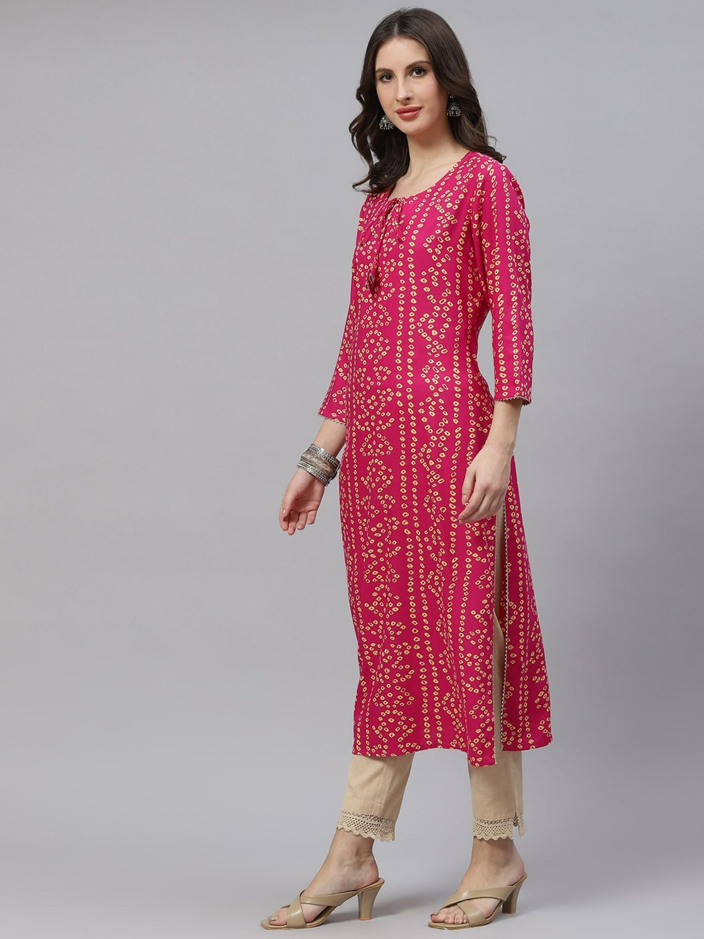 PIROH Womens Rayon Bandhani Print Straight Kurta - Rani Pink