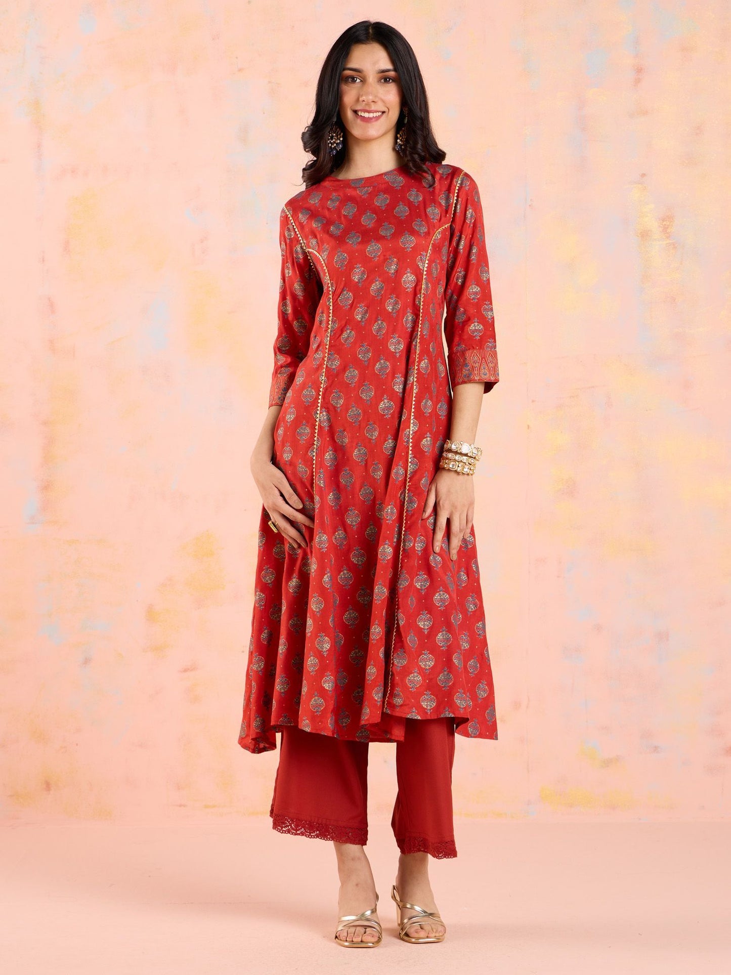 Likha Rust Diwa Dazzle Bandhani Printed A-line Kurta LIKKUR210