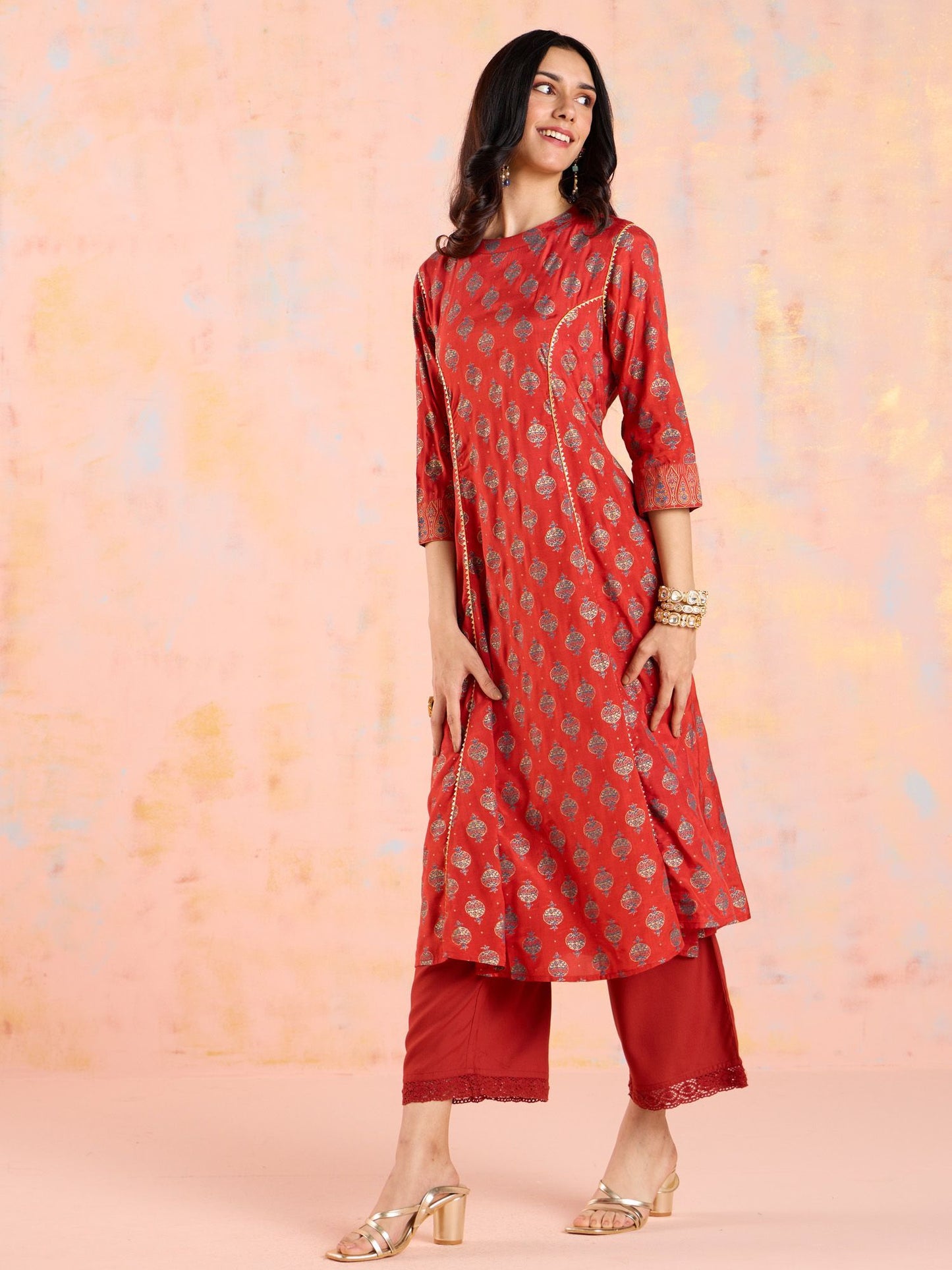 Likha Rust Diwa Dazzle Bandhani Printed A-line Kurta LIKKUR210