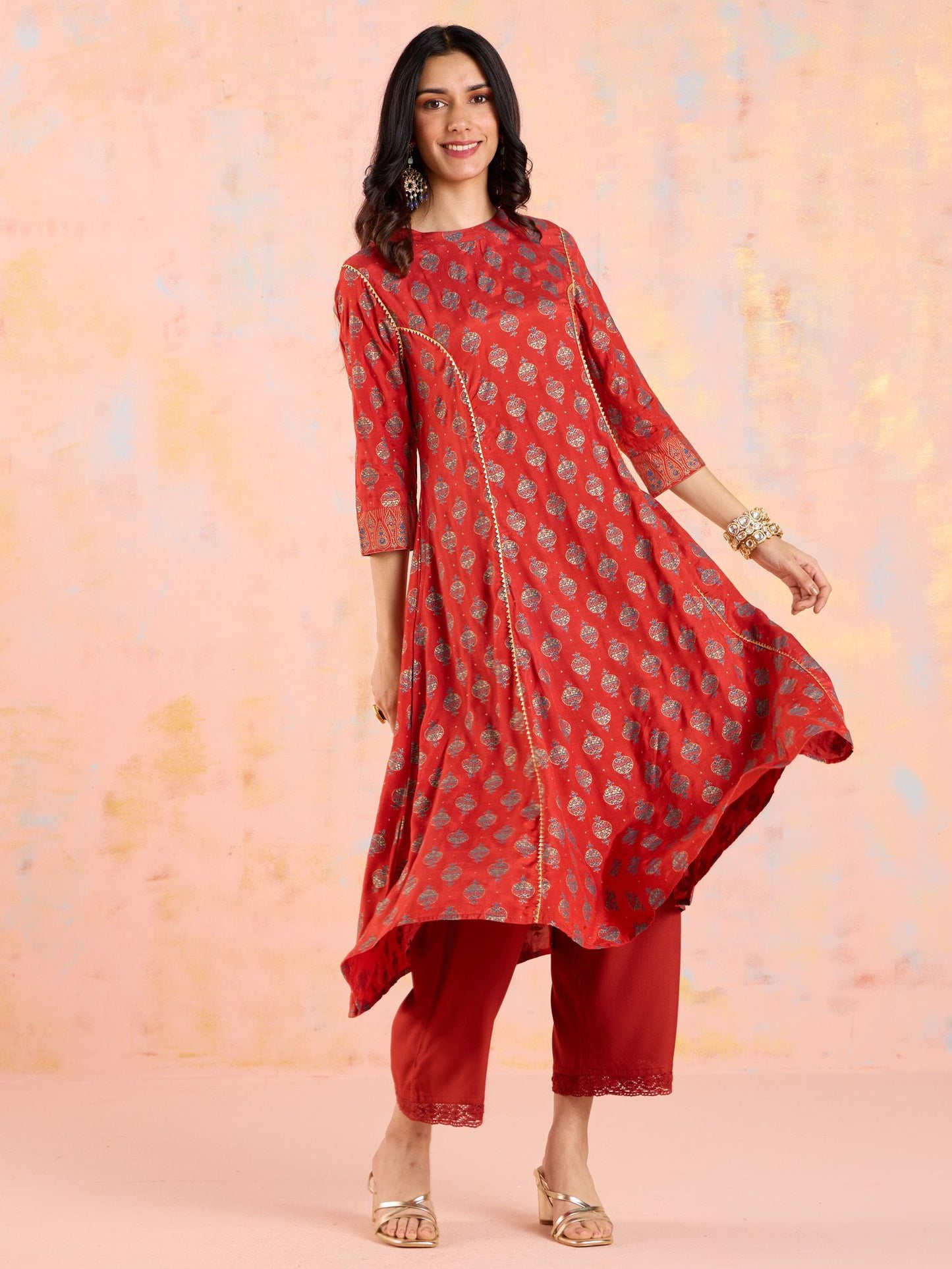 Likha Rust Diwa Dazzle Bandhani Printed A-line Kurta LIKKUR210