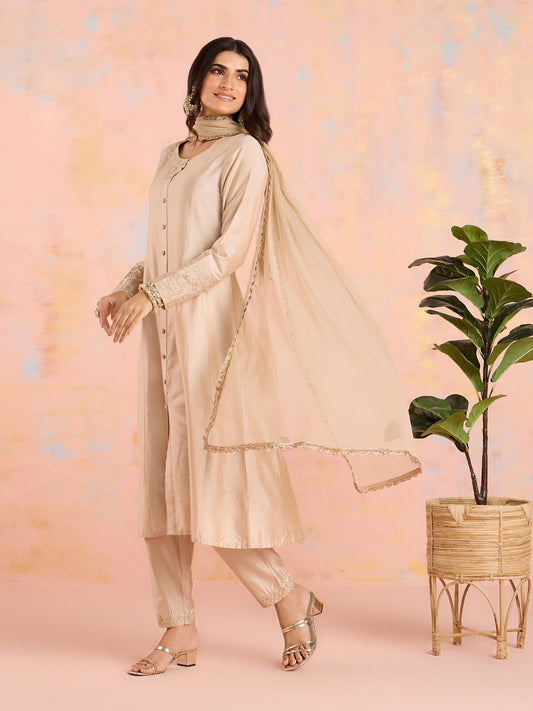 Likha Beige Diwa Dazzle Embroidered Kurta Pant & Dupatta LIKSKD311 (Set of 3)