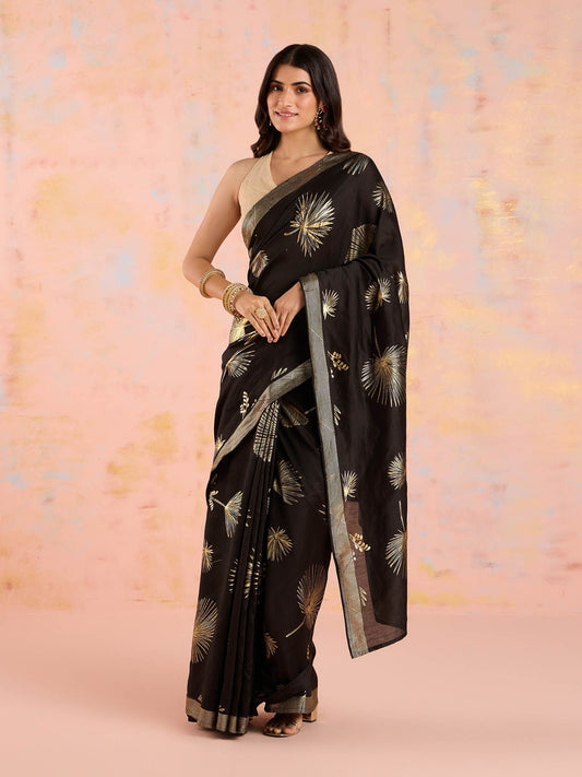 Likha Black Tyohar Chanderi Gold Foil Printed Saree with Unstitched Blouse LIKSAR139