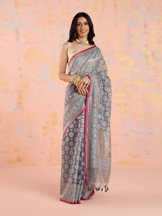Likha Grey Karigar Korner Cotton Chanderi Jacquard Saree with Unstitched Blouse LIKKKPET05