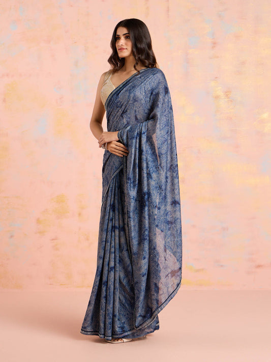 Likha Blue Art Silk Embellished Printed Saree with Unstitched Blouse LIKPARSAR02