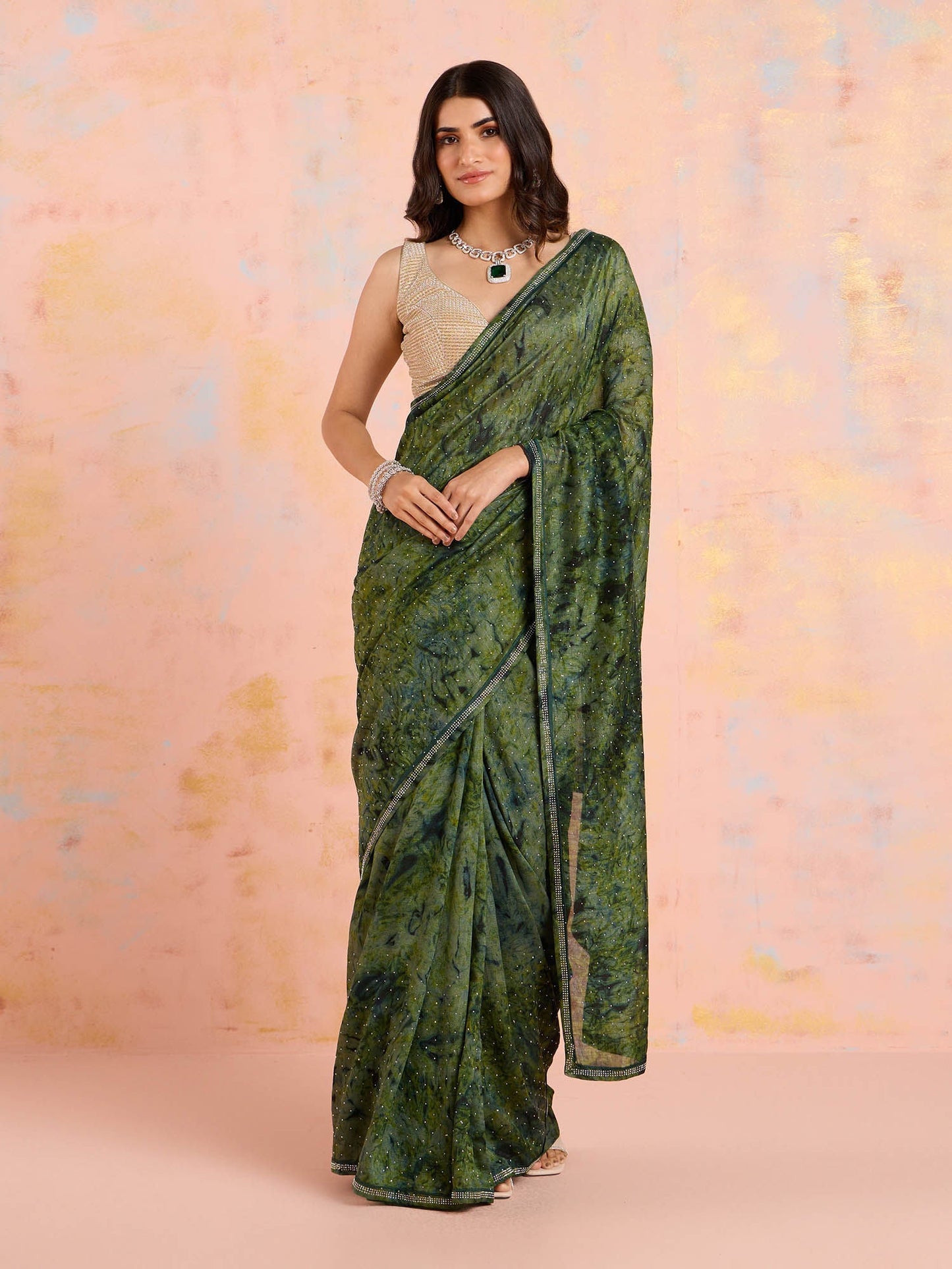 Likha Green Art Silk Embellished Printed Saree with Unstitched Blouse LIKPARSAR02