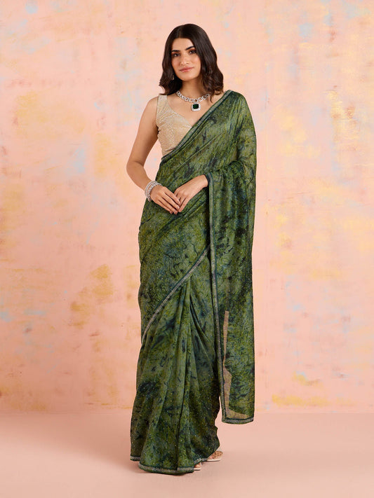Likha Green Art Silk Embellished Printed Saree with Unstitched Blouse LIKPARSAR02