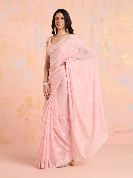 Likha Pink Net Embroidered and Sequined Saree with Unstitched Blouse LIKPARSAR03