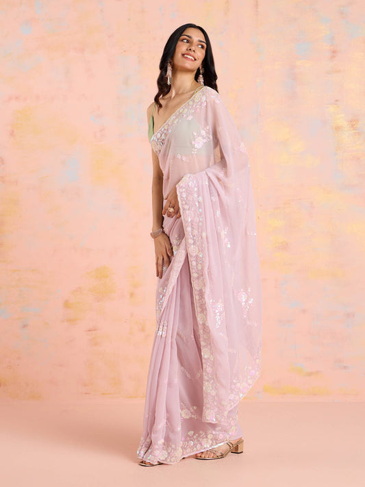 Likha Purple Net Embroidered and Sequined Saree with Unstitched Blouse LIKPARSAR03
