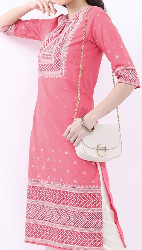 Vishudh Keyhole Neck Ethnic Motifs Printed Straight Cotton Kurta