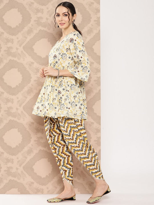 Yufta Women Floral Printed Regular Gotta Patti Pure Cotton Kurta with Dhoti Pants