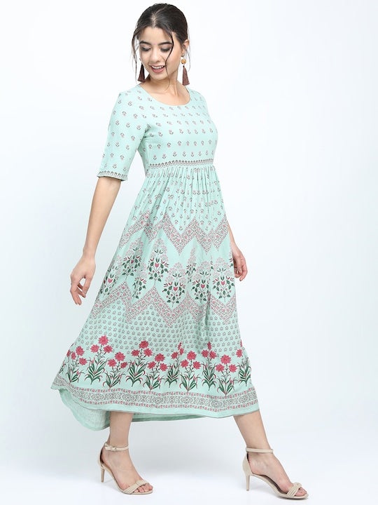 Vishudh Women Blue Floral Ethnic Midi Fit & Flare Dress