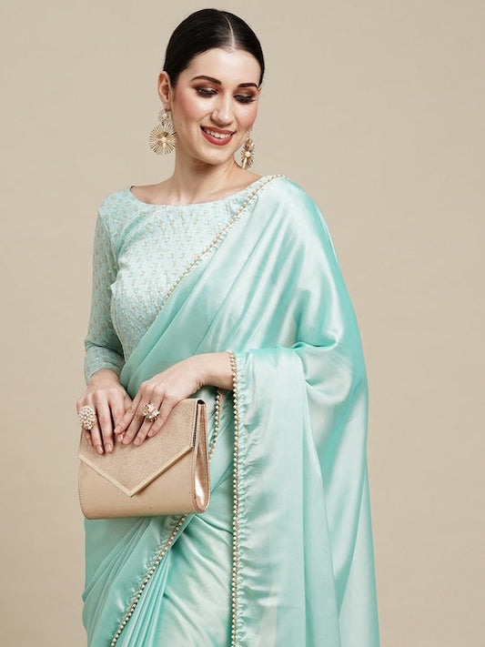 Anouk Turquoise Blue & Gold Toned Pure Georgette Saree
