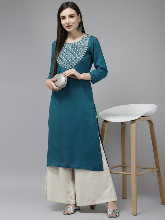 Yufta Women Teal Blue Yoke Design Mirror Work Kurta