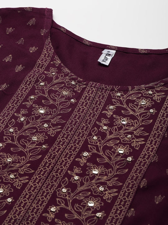 Yufta Women Burgundy Ethnic Motifs Printed Mirror Work Kurta with Trousers & With Dupatta