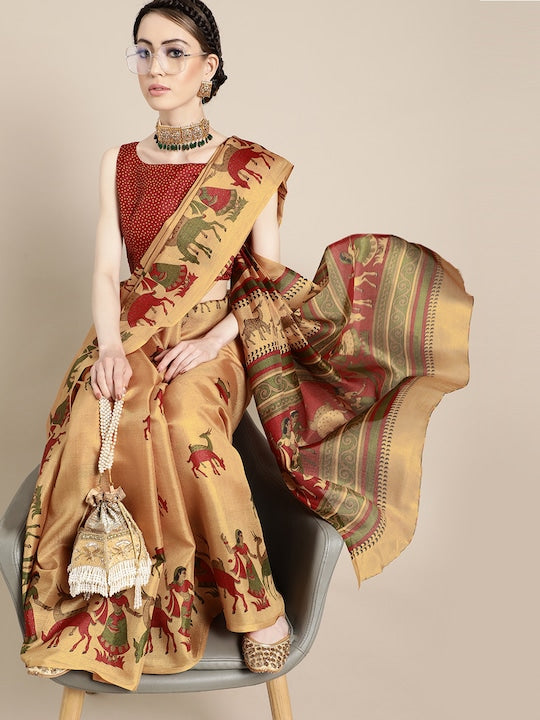 Saree Mall Creamy Mustard and Red Art Silk Saree