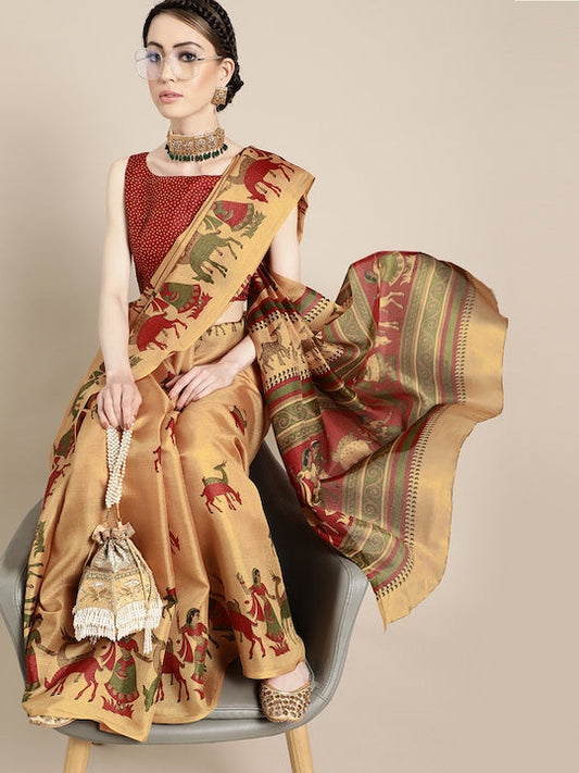 Saree Mall Creamy Mustard and Red Art Silk Saree