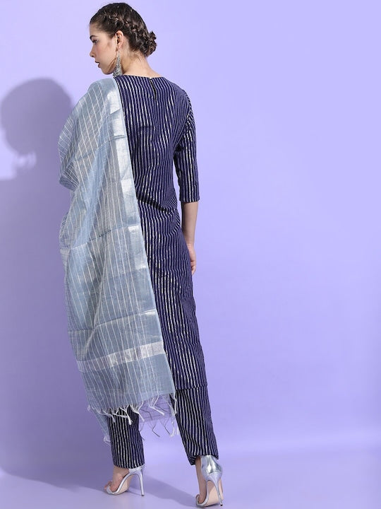 Vishudh Women Blue Striped Pure Cotton Kurta with Trousers & With Dupatta