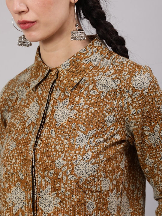 AKS Women Floral Printed Pure Cotton Shirt With Palazzo Co-Ords