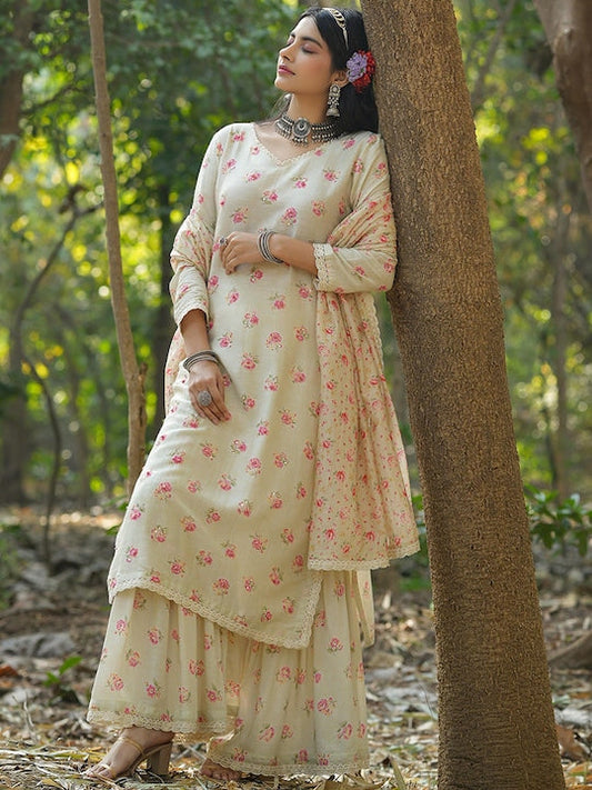 Scakhi Floral Printed Regular Sequinned Linen Kurta with Sharara & With Dupatta