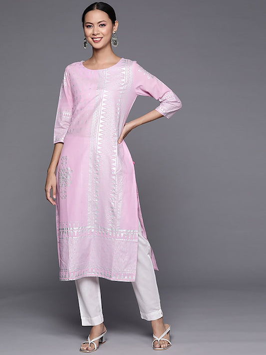 KSUT Pink Foil Print Straight Kurta