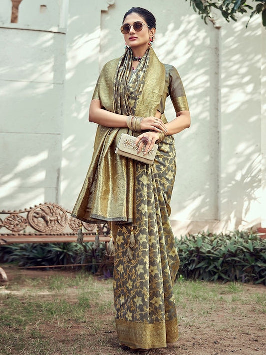 Satrani Ethnic Motifs Woven Design Zari Banarasi Saree