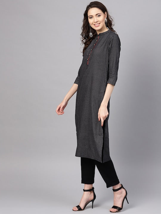 Myshka Women Black & White Striped Straight Kurta