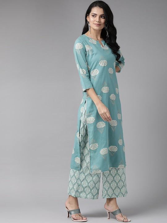 Yufta Women Blue & Off-White Printed Kurta with Palazzos & Dupatta