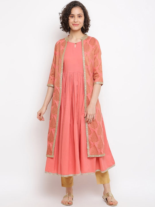 IMARA Keyhole Neck Anarkali Kurta With Ethnic Motifs Woven Design Jacket