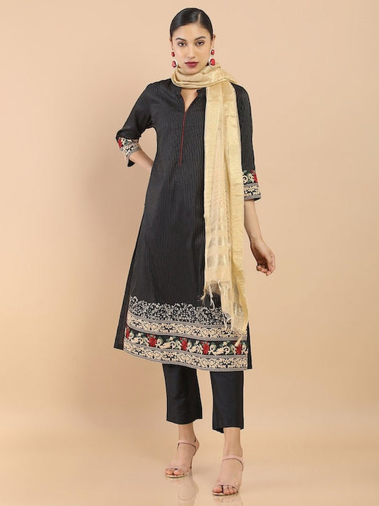 Soch Women Black Striped Chanderi Kurta with Trousers & With Dupatta