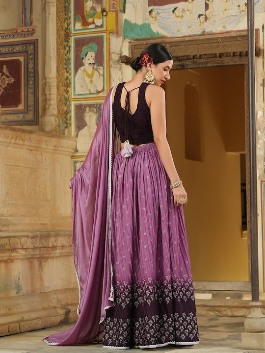 Scakhi Purple & Black Embroidered Foil Print Lehenga Choli With Dupatta
