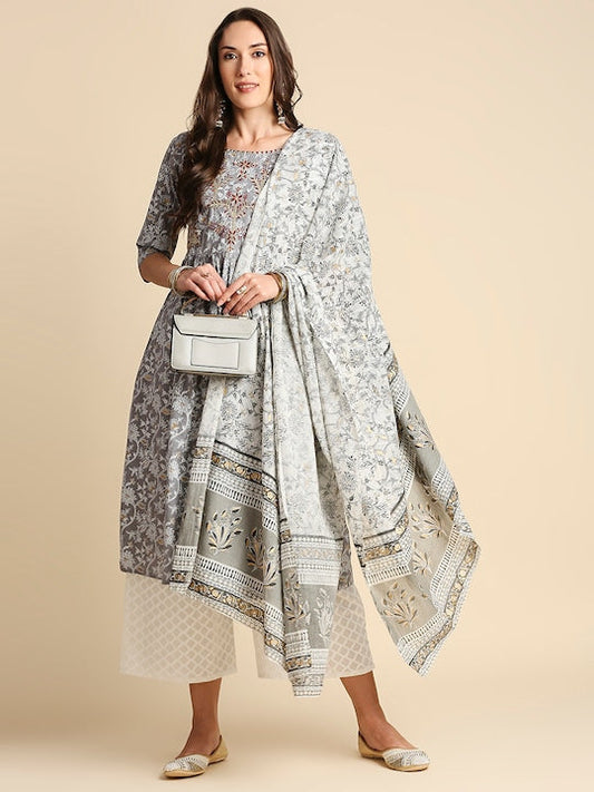 Anubhutee Women Grey & Red Pure Cotton Floral Printed A Line Kurta with Trousers & Dupatta