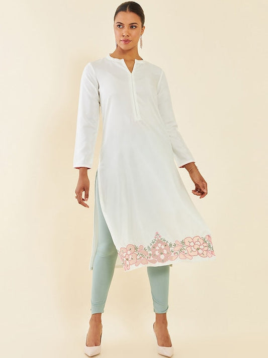 Soch Off White Floral Embroidered Mandarin Neck Kurta