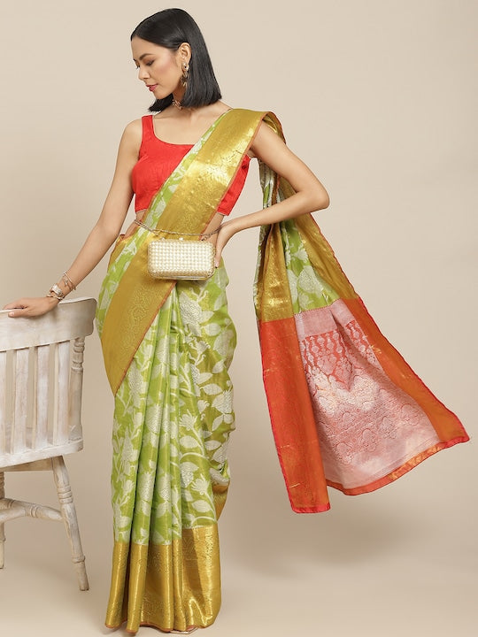 Silk Land Green & Red Floral Zari Ikat Saree