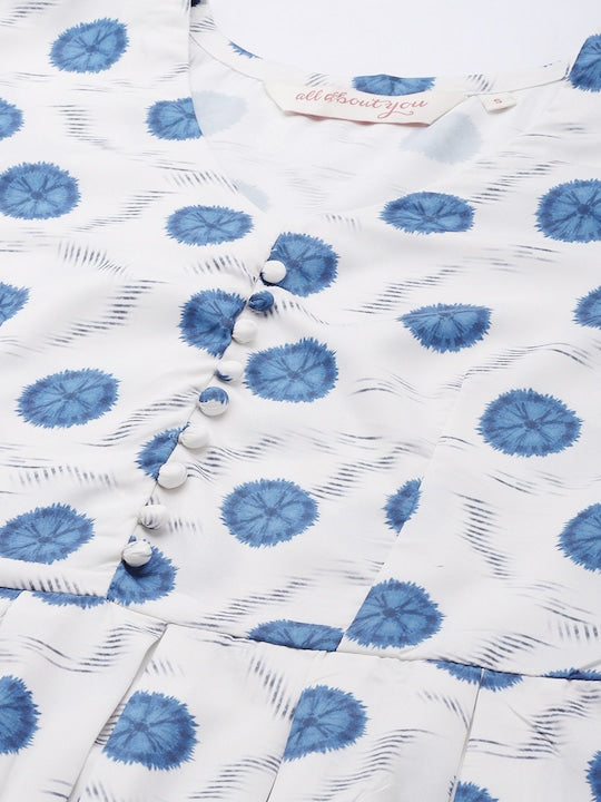 All about you Off White & Blue Crepe A-Line Midi Dress