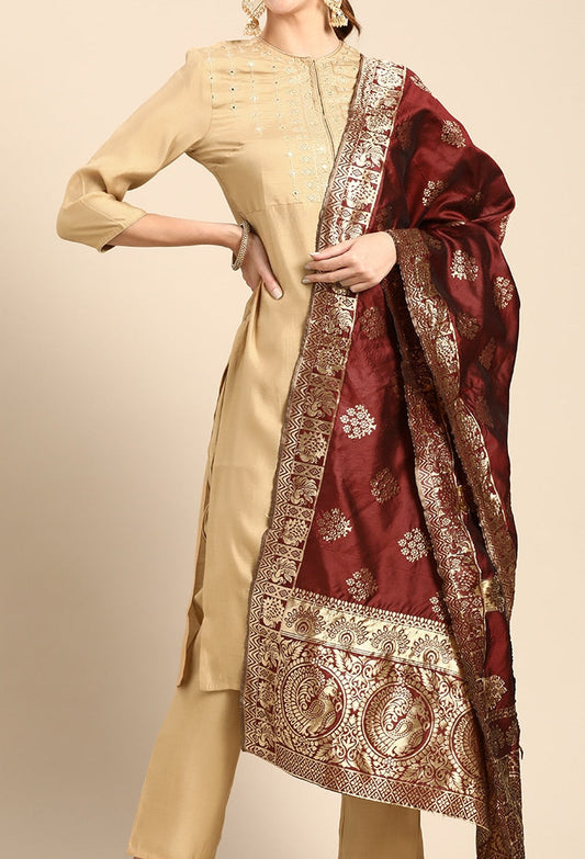 Anouk Women Beige & Maroon Ethnic Motifs Yoke Design Regular Kurta with Palazzos & Dupatta