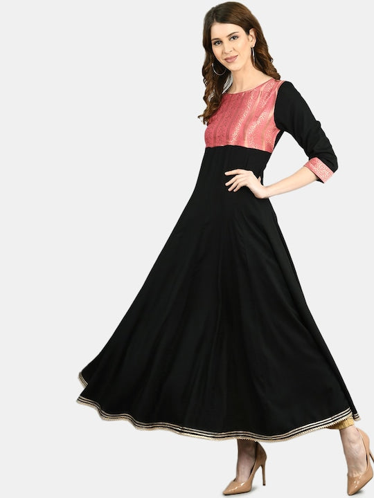 Myshka Women Black & Peach-Coloured Colourblocked Cotton Anarkali Kurta