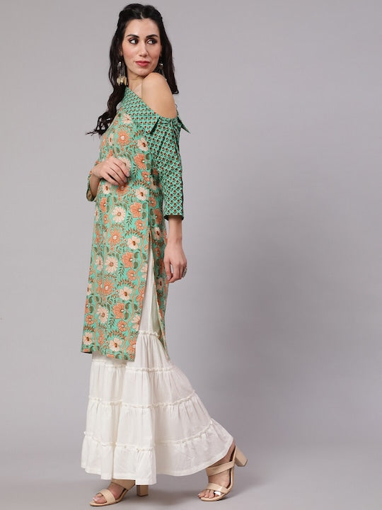AKS Floral Printed Round Neck Cotton Straight Kurta