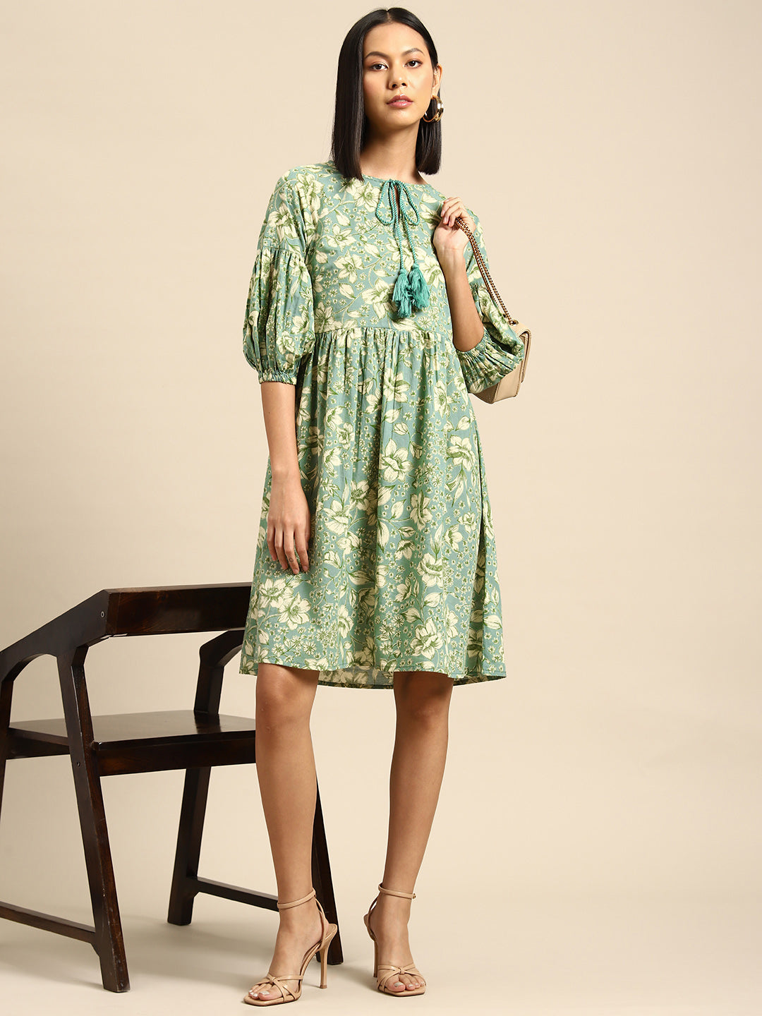 All about you Floral Print Tie-Up Neck A-Line Dress