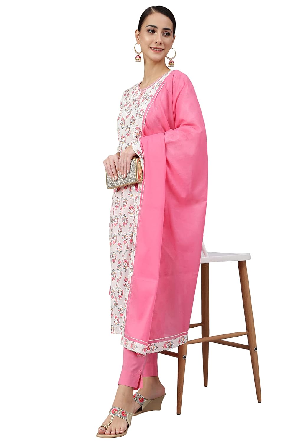 Janasya Women's Off White Cotton Floral Print Kurta with Pant and Dupatta