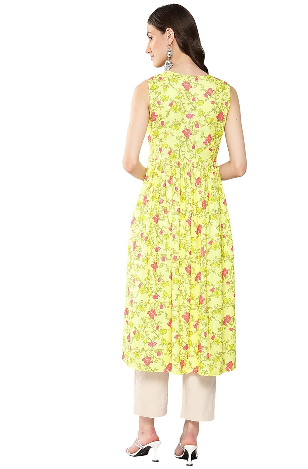 Janasya Women's Lemon Yellow Moss Digital Floral Printed Gathered Kurta