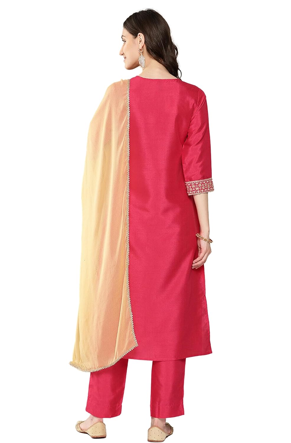 Janasya Women's Pink Crepe Silk Embroidered Kurta with Pant and Dupatta