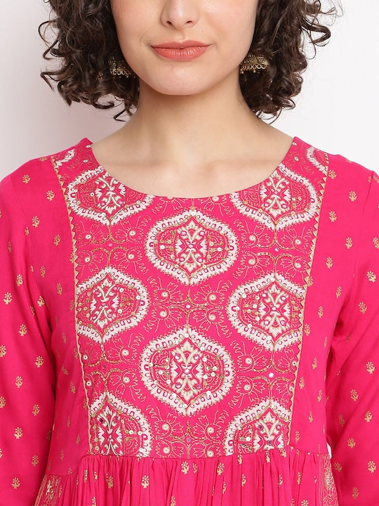 IMARA Ethnic Motifs Printed Pleated Gotta Patti A-Line Kurta with Trousers & With Dupatta