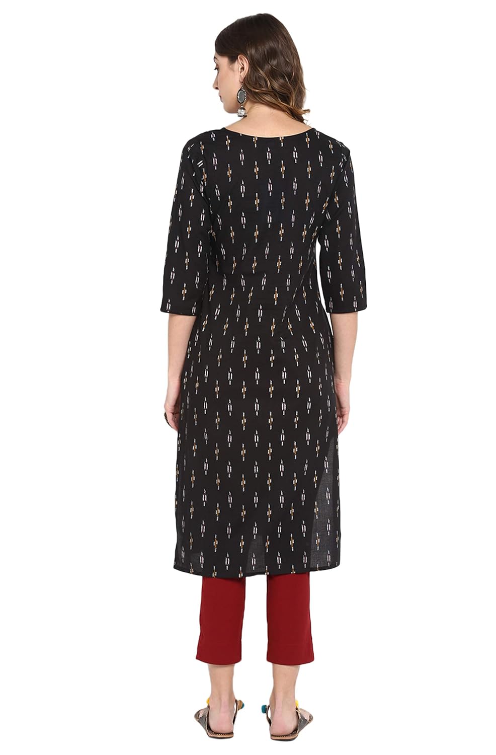 Janasya Women's Black Cotton Ikat Straight Kurta