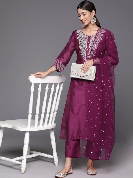 Varanga Floral Embroidered Zari Chanderi Silk Kurta with Trousers & Dupatta