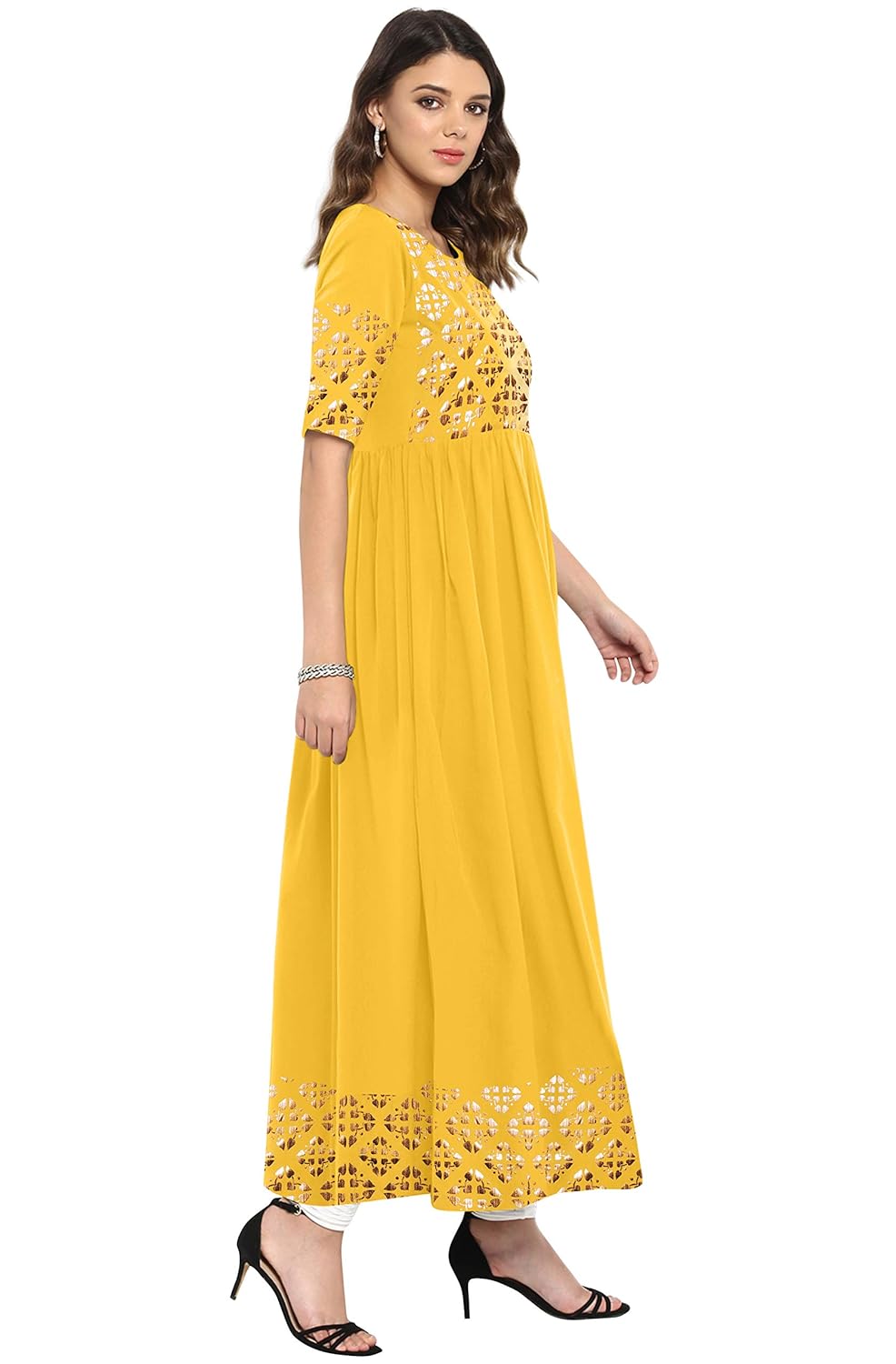 Janasya Women's Poly Crepe Gold Print Flared Kurta Mustard Yellow