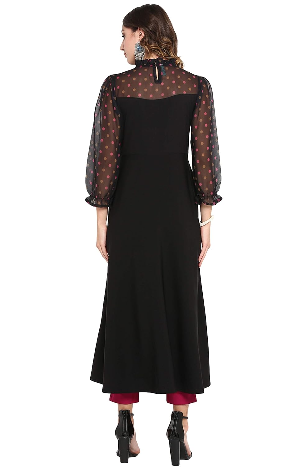 Janasya Women's Black Poly Crepe Polka Print A-line Kurta