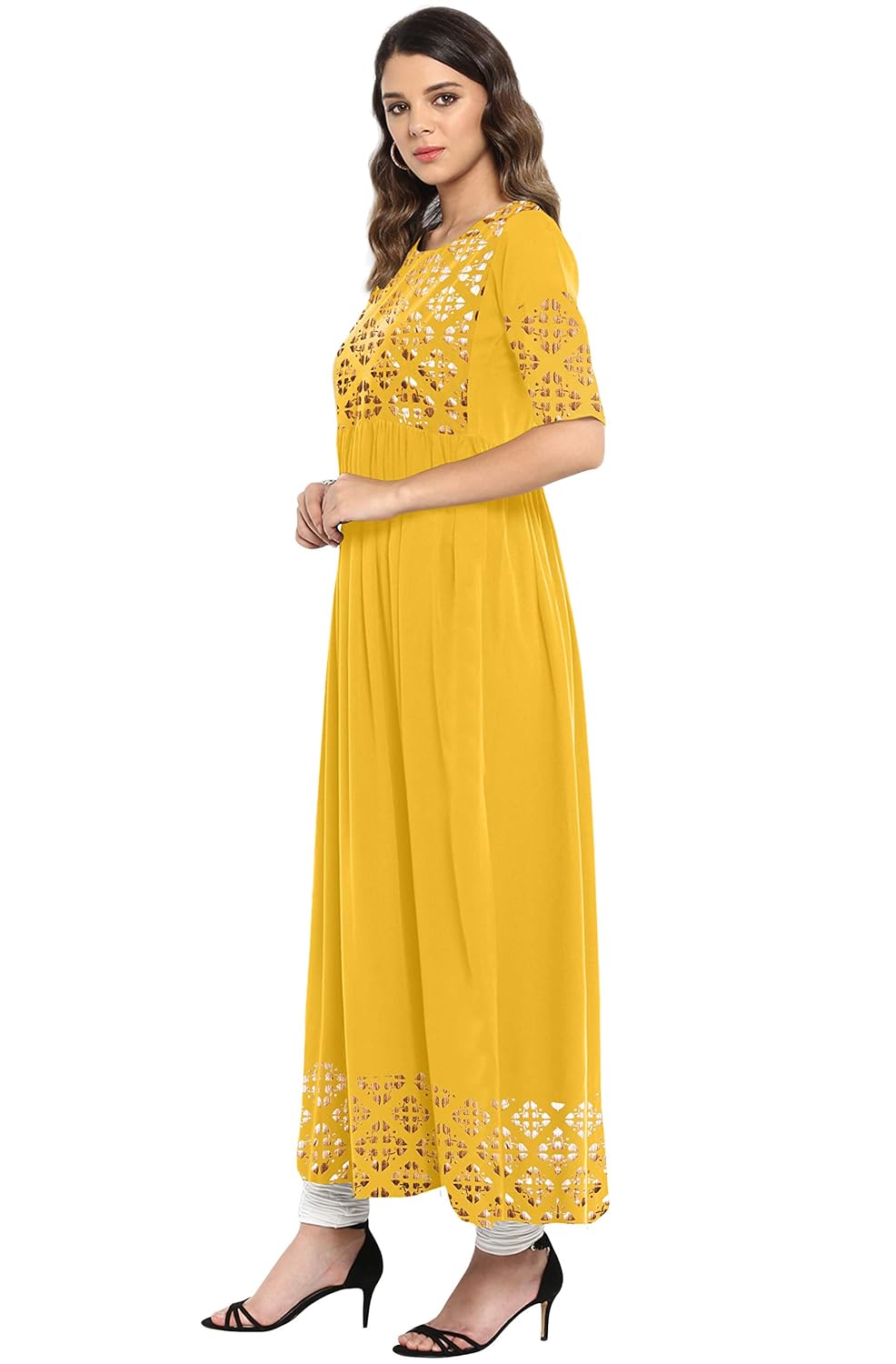 Janasya Women's Poly Crepe Gold Print Flared Kurta Mustard Yellow