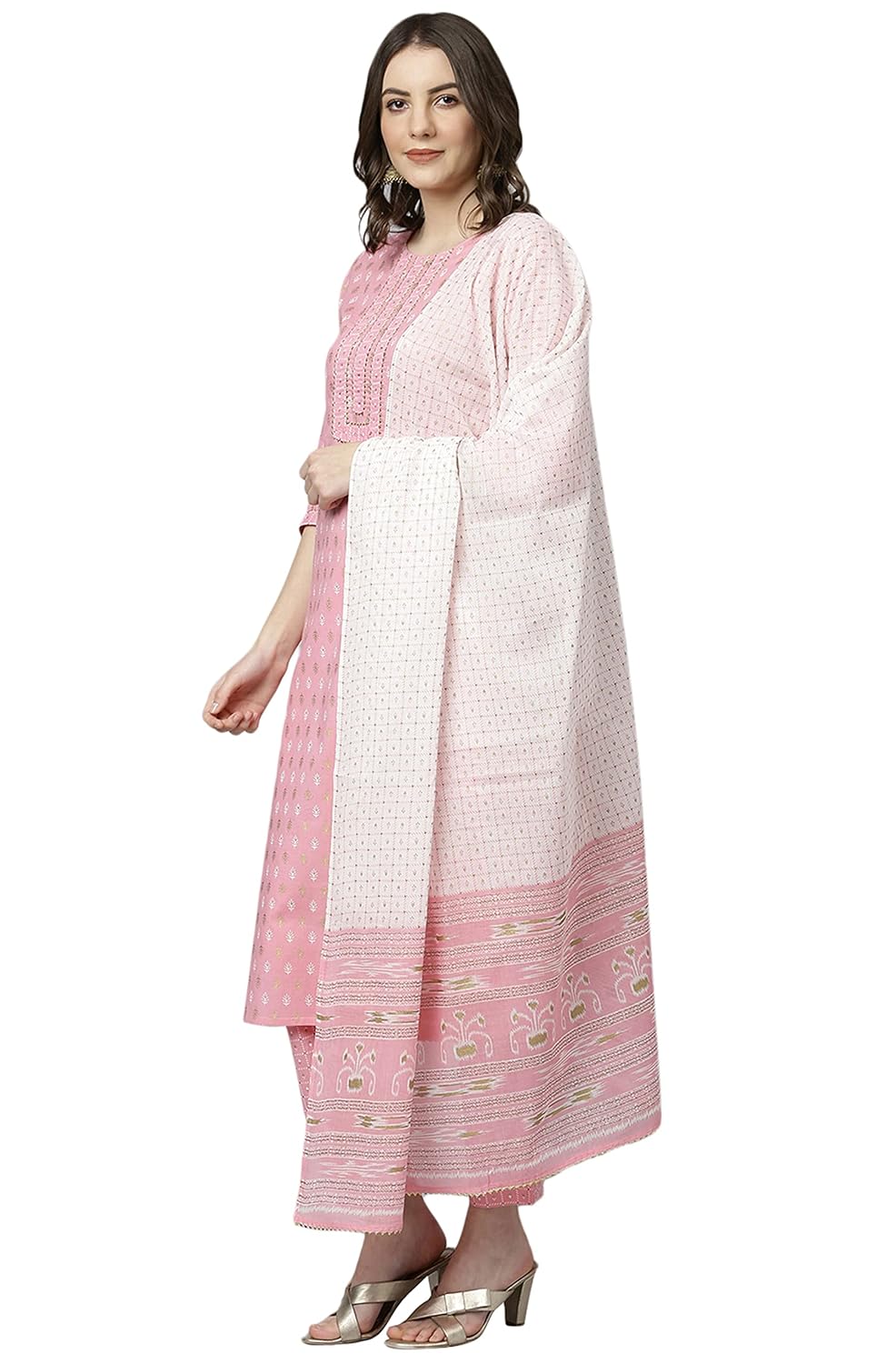 Janasya Women's Light Pink Cotton Kurta with Pant and Dupatta