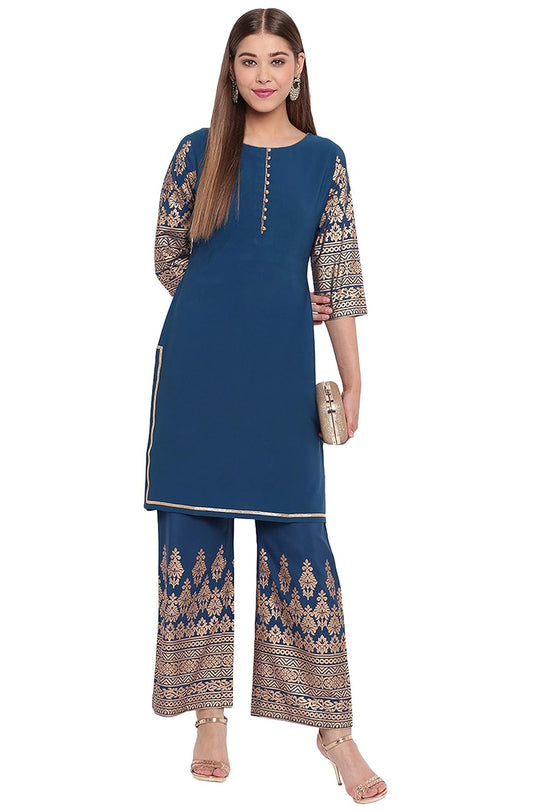 Janasya Women's Teal Poly Crepe Kurti with Palazzo