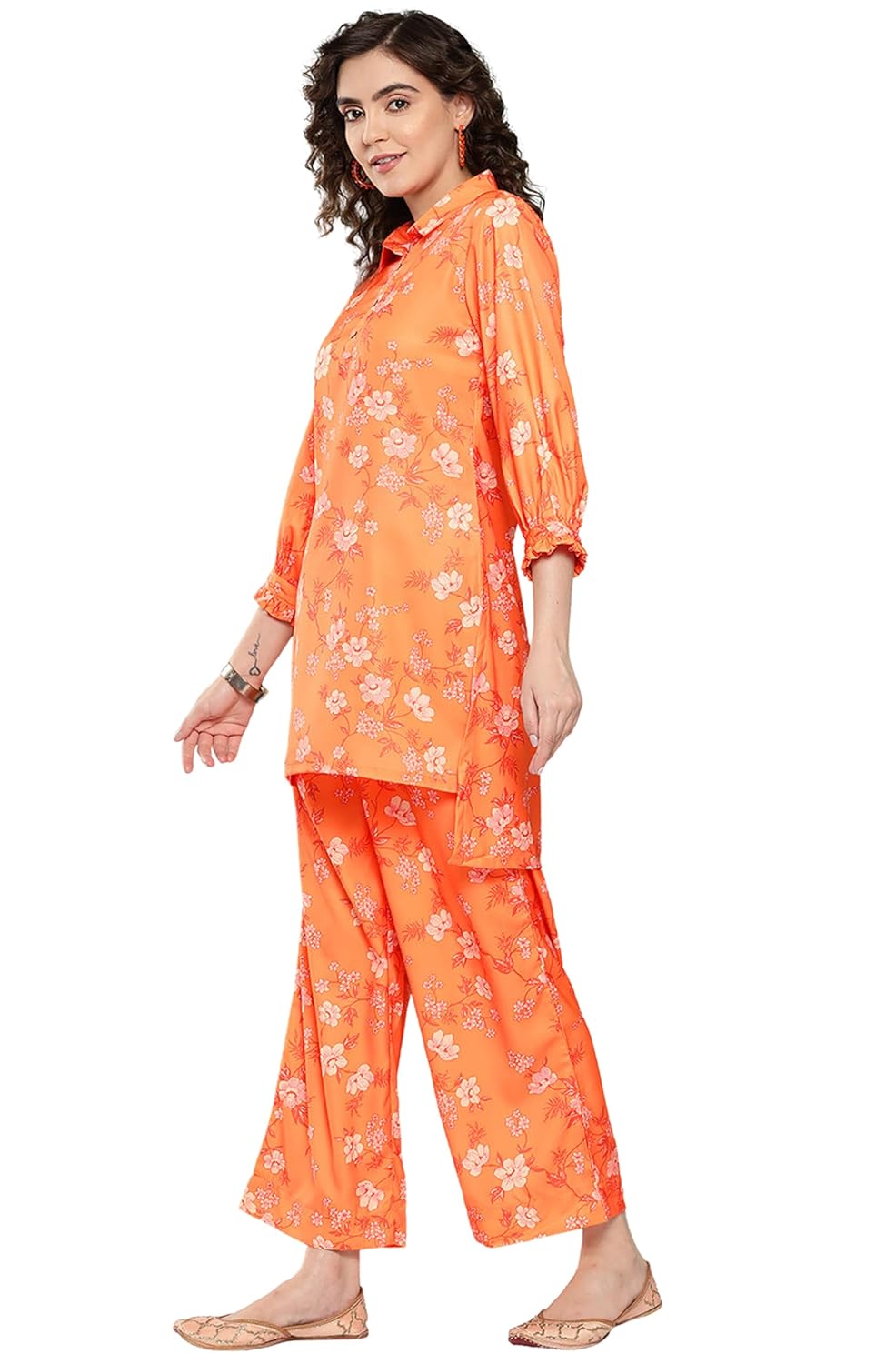 Janasya Women's Orange Moss Digital Floral Printed Co-ords Set
